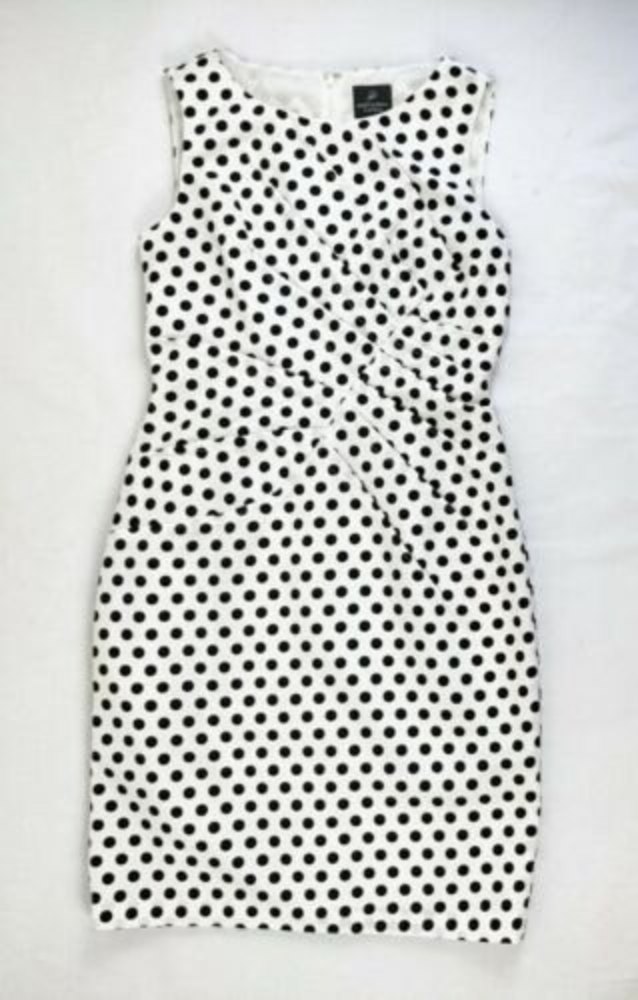 Adrianna Papell White & Black Polka Dot Sleeveless Dress Ruched Women's Size 8